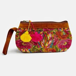 Nena & Co Artisan Embroidered Boho Wristlet Clutch w/ Leather Trim & Tassels